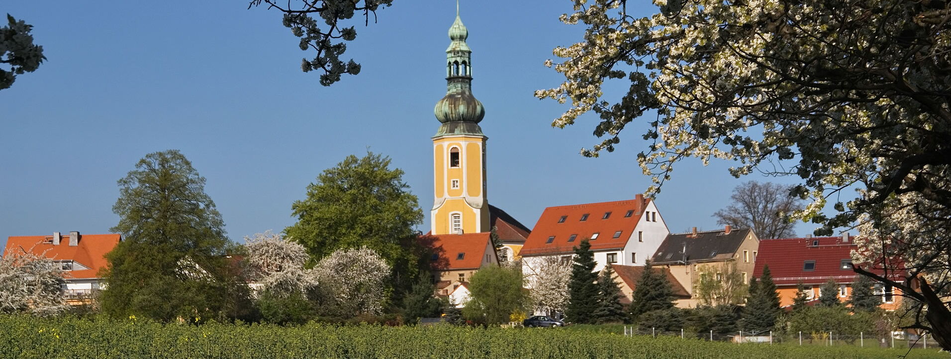 Malerische Frühlingsansicht von Hochkirch mit blühenden Bäumen, grünen Feldern und der gelben Dorfkirche unter blauem Himmel.