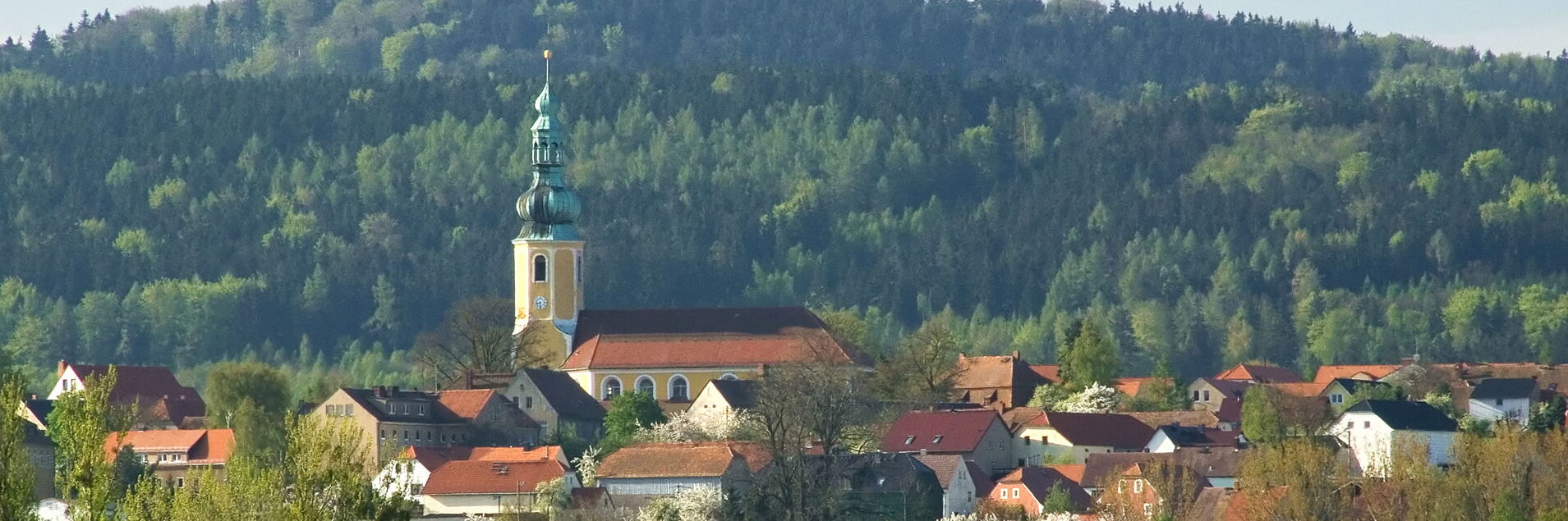 Blick auf das Dorf Hochkirch mit gelber Kirche, roten Dächern und umliegenden Bäumen, vor einem bewaldeten Hügel.