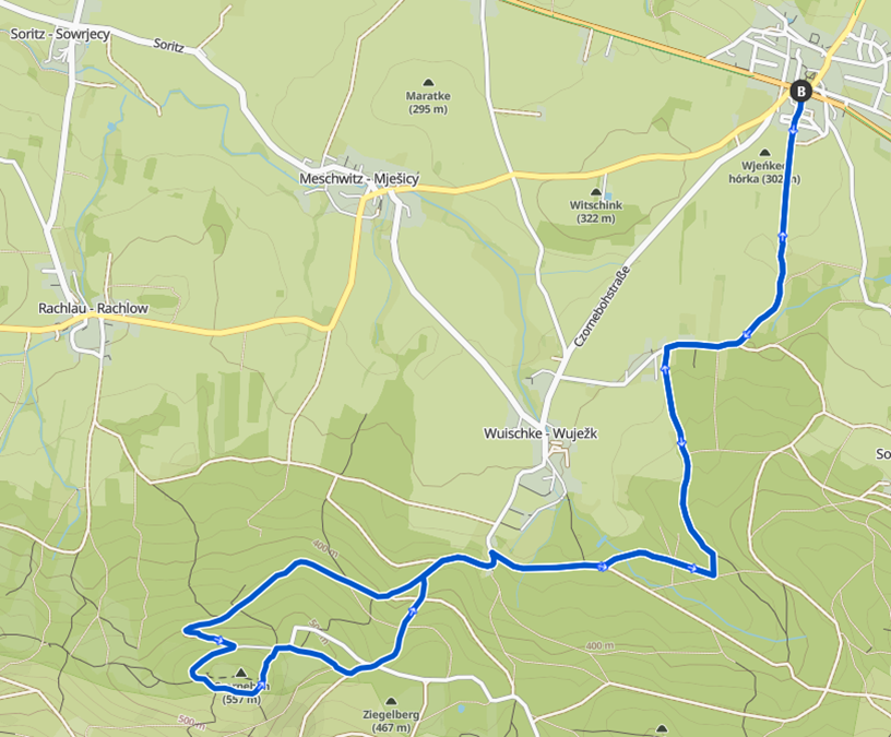 Wanderkarte - Tour 1: Hochkirch-Czorneboh-zurück - 14 km - 370 m ↑↓